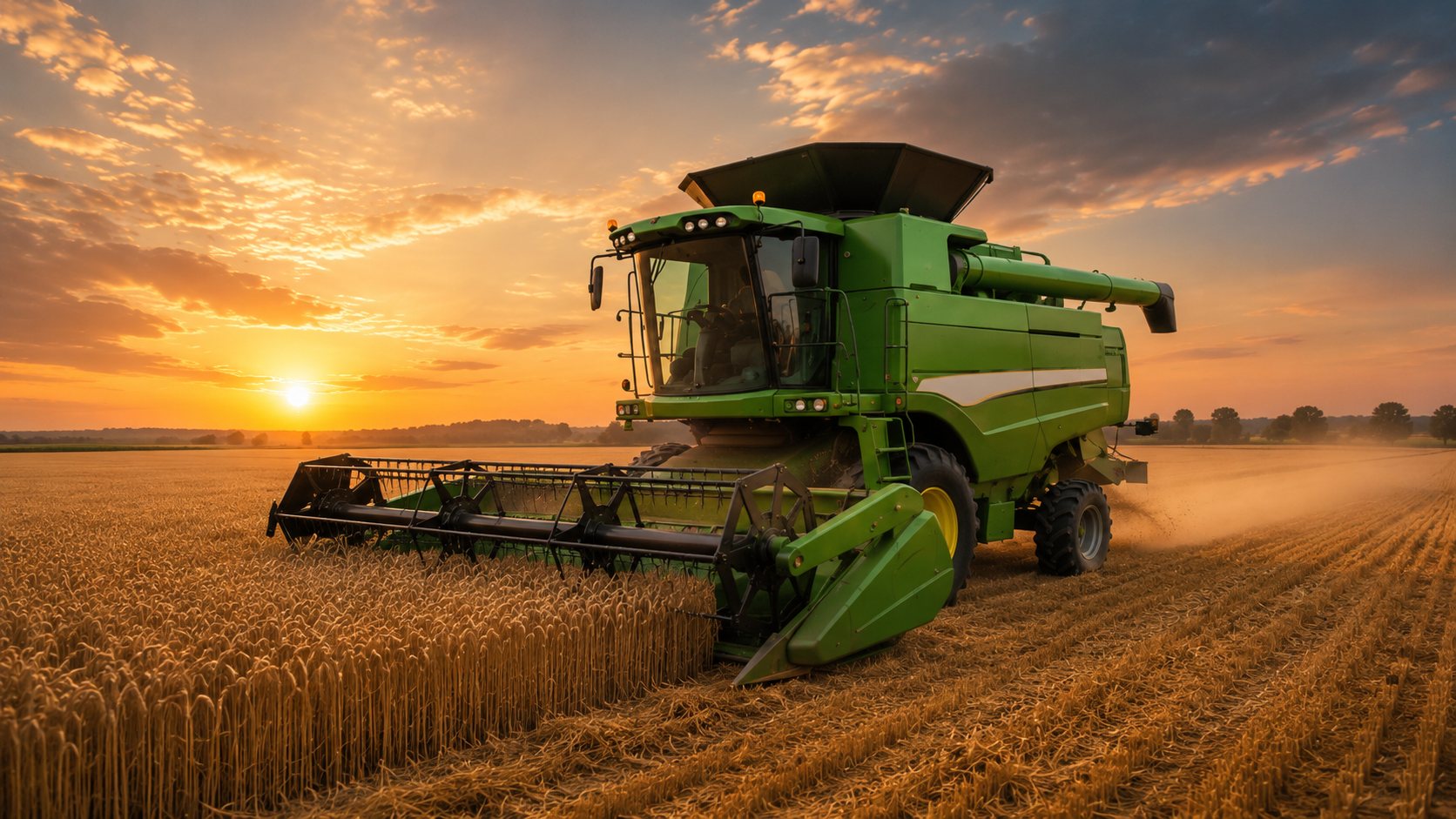 Combine harvester working in a wheat field at sunset
